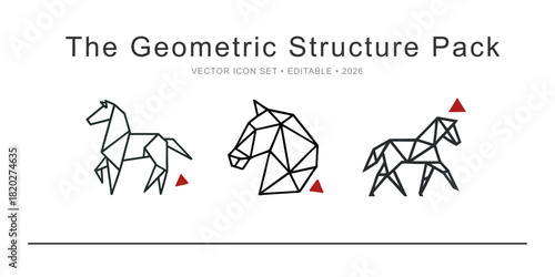 Geometric Origami Horse Icon Set. Vector Low Poly Line Art of Abstract Animal, Architecture, and Modern Structure