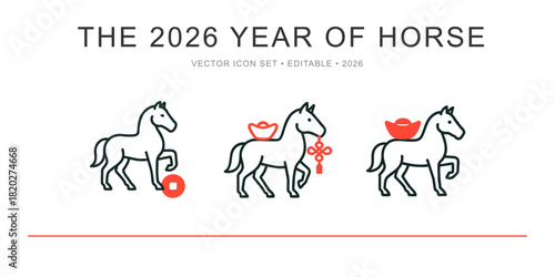 2026 Chinese New Year of the Horse Icon Set. Vector Line Art of Animal with Gold Ingot and Red Knot. Lunar Spring Festival Wealth Symbol