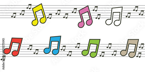 A cheerful arrangement of colorful musical notes scattered across staff lines, creating a lively and playful visual representation of music.