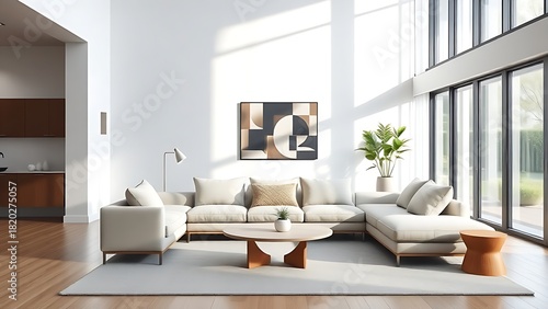 Minimalist living room with sofa and coffee table, soft natural light from large window.