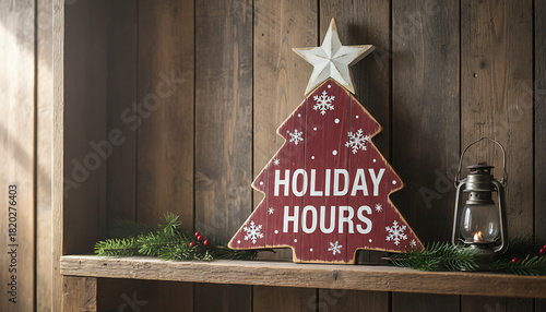 Rustic wooden christmas tree decoration with holiday hours message displayed on weathered planks background, Rustic Holiday Business Signage