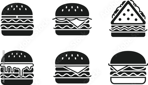 Burger and sandwich icon set, black fast food symbols collection, cheeseburger vector illustration, restaurant menu design graphic, isolated on white background.