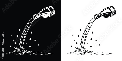 A bottle pouring liquid with splashes and droplets, presented in both black and white versions for versatile design applications