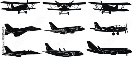 Collection of black airplane silhouettes including vintage biplanes, military jets, and commercial aircraft, vector illustration isolated on white background for aviation concepts.