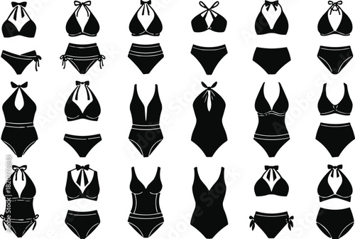 Collection of black silhouettes of women's swimwear and bikinis, vector illustration of bathing suits isolated on white background for summer fashion design