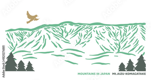 日本の山と鳥シリーズ。福島県の会津駒ヶ岳。Japanese mountains and birds series. Aizu-Komagatake in Fukushima Prefecture.