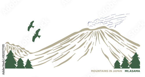 日本の山と鳥シリーズ。長野県・群馬県の浅間山。Japanese mountains and birds series. Mount Asama in Nagano and Gunma prefectures.