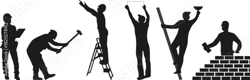 People Performing Various Repair, Masonry, Ladder, and Hard Hat Tasks Vector Icons.