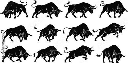 Raging Fighting Cattle Icon Set for Sports Mascot, Stock Market, and Rodeo Design.