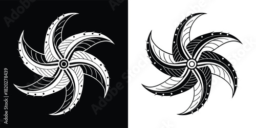 Abstract sixpointed star or propeller shape with textured petals, black and white graphic