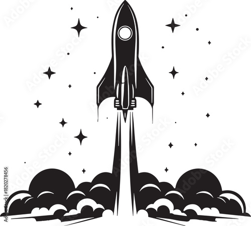 Retro style rocket launch vector illustration, spaceship lifting off with fire and smoke, ascending into space with stars, symbolizing startup, innovation, and progress.
