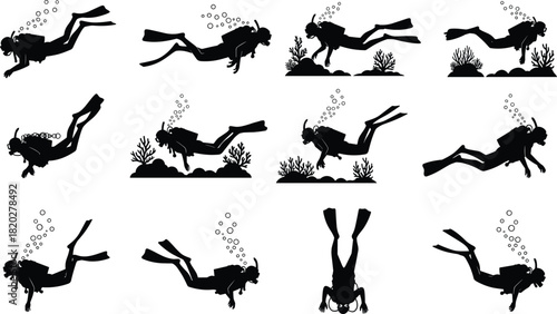 Vector Set of Scuba Diver Silhouettes Swimming Underwater with Bubbles and Coral, Representing Diving, Water Sport, Adventure, Vacation, and Exploration