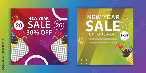 Festive New Year sale promotion with discount offers, featuring vibrant colors and celebratory design elements for attracting customers.