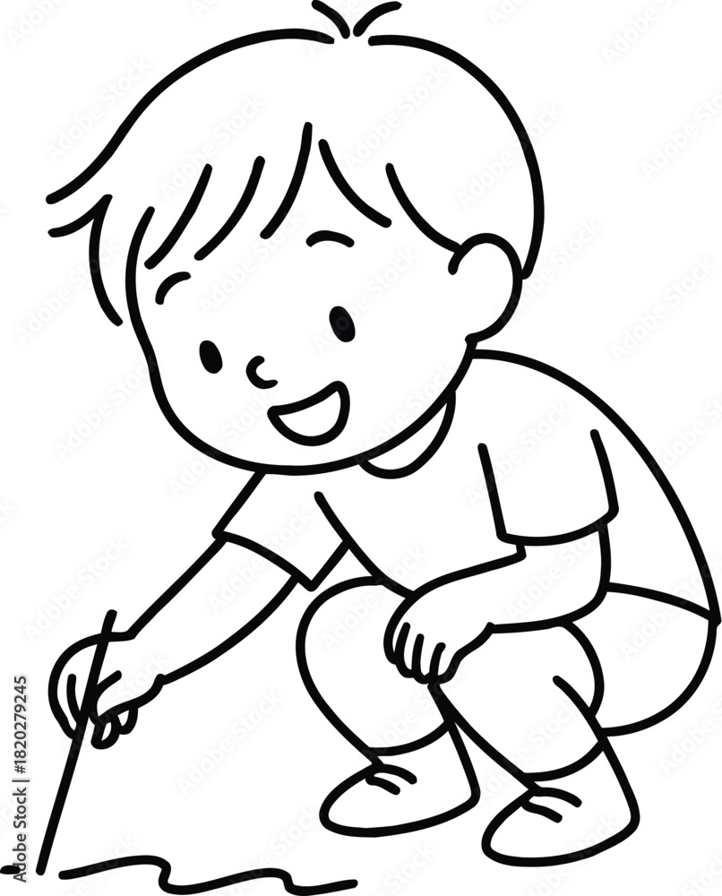 Fototapeta premium Happy little boy drawing on the ground with a stick outside