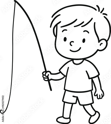 Happy boy holding a large fishing rod with a smile