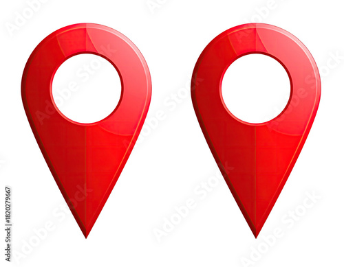 Two glossy red map markers on a black background