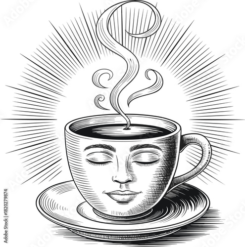 Coffee cup with serene face and radiating steam radiating lines