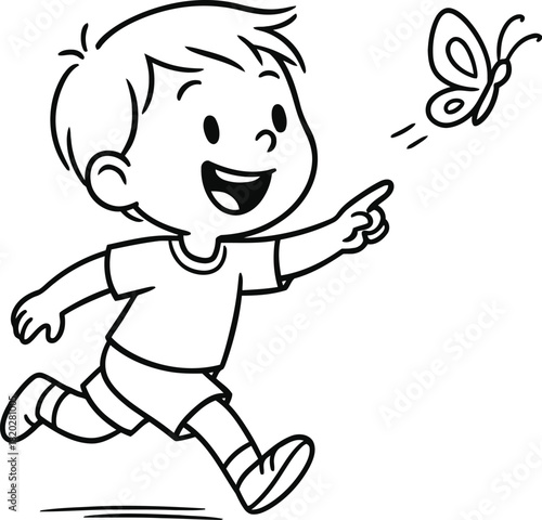 Happy little boy running and chasing a butterfly outside