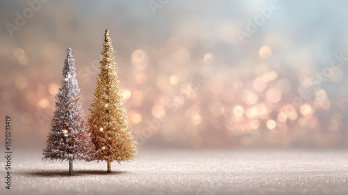Two miniature Christmas trees with glittering gold and silver ornaments, set against a bokeh background with warm golden and pink hues, with a soft focus effect.