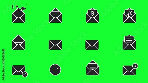 Animated Email Icon Pack, Conceptual Mail Themes on Green Screen. A creative set of animated email icons featuring a variety of conceptual elements like notifications, approval, rejection, money, love