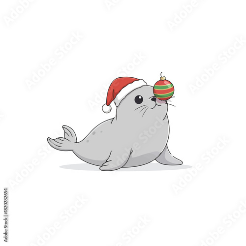 Cute cartoon seal pup wearing a Santa hat and balancing a Christmas ornament on its nose, a festive holiday animal character illustration on a white background.