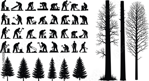 Ax Man Chopping Wood, Pine Fir Trees, and Bare Forest Timber Icons.