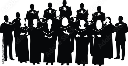 Black silhouette vector illustration of a mixed adult choir group singing and holding music books, dressed in formal attire for performance or concert design.