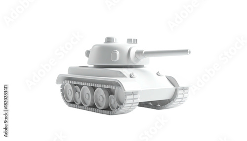A 3D render of a white, stylized tank set against a stark black background