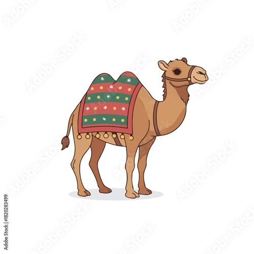 Cute cartoon camel with a colorful decorative saddle blanket and bridle standing isolated on a white background.