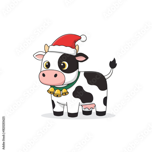 Cute cartoon cow wearing a red Santa hat and a green collar with jingle bells, isolated on a white background for the Christmas holiday season.