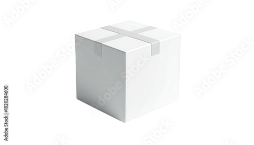 A plain white cardboard box with taped flaps, centered on a black background