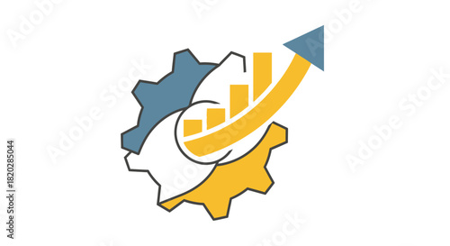Abstract graphic depicting business growth with gears and bar chart, isolated on