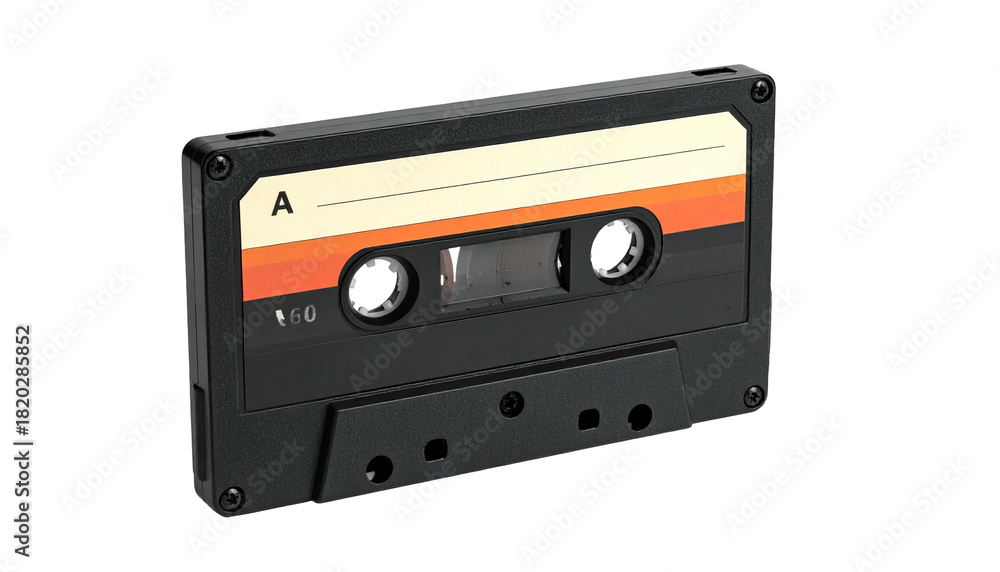 Fototapeta premium A classic, black audio tape cassette with a striped label, angled on a black background