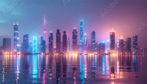 Neon pastel skyline reflecting over calm futuristic waters. Dreamlike glowing city floating in a soft misty horizon. Futuristic neon waterfront city bathed in pastel light