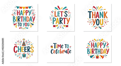 Cheerful Hand-Lettering Greeting Card Set - Colorful Party & Birthday Typography Vectors
