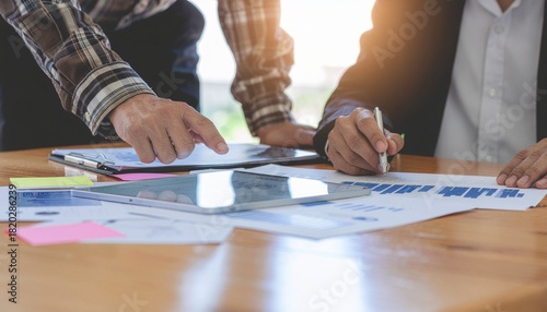 Two business professionals collaborating, reviewing documents and discussing data analysis.