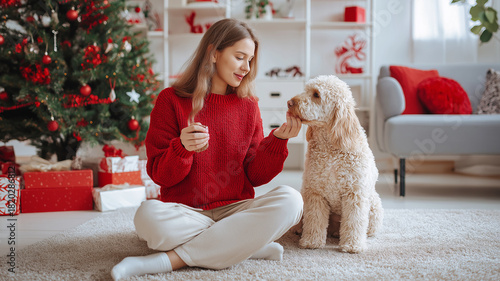 A woman in a red sweater feeds her dog on the carpet, surrounded by festive decorations Generative AI