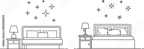 Bedroom interior with two beds and starry decorations silhouette