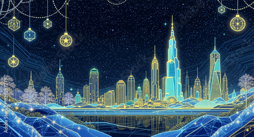 Golden futuristic skyline glowing under a deep starry night. Luminous city of light framed by winter cosmic patterns. Futuristic gold metropolis shimmering in midnight blue