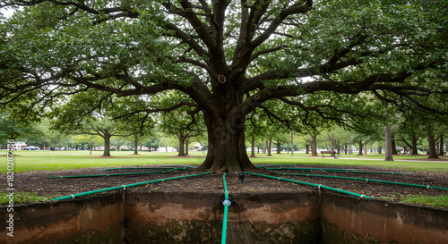 Large tree with exposed roots and underground irrigation system for urban tree care