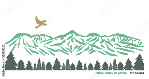 日本の山と鳥シリーズ。群馬県の赤城山。Japanese mountains and birds series. Mount Akagi in Gunma Prefecture.