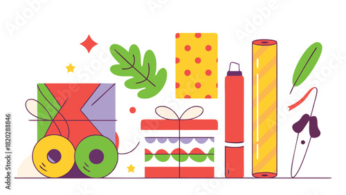 Colorful Gift Wrapping Supplies and Decorative Elements