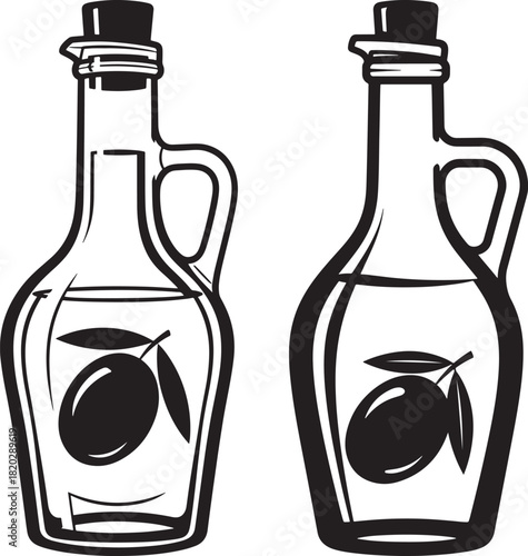 Two olive oil bottles with olives silhouette