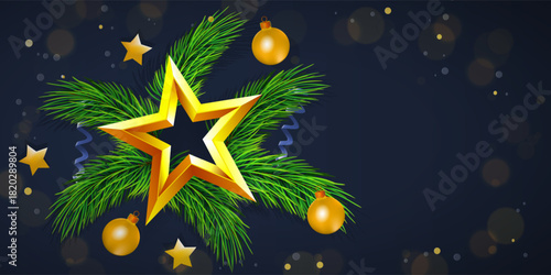 Christmas top view gift and fur with empty in side. Mockup for your xmas design. Decorations on dark blue background.