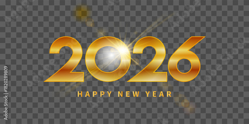 2026 golden. Shiny text on transparency background with lens effect.