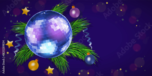 Christmas top view gift and fur with empty in side. Mockup for your xmas design. Decorations on dark blue background.