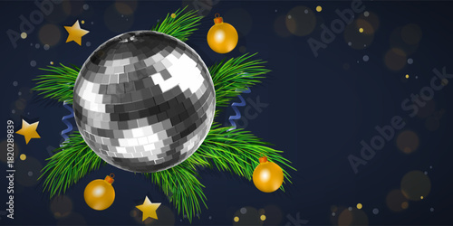 Christmas top view gift and fur with empty in side. Mockup for your xmas design. Decorations on dark blue background.