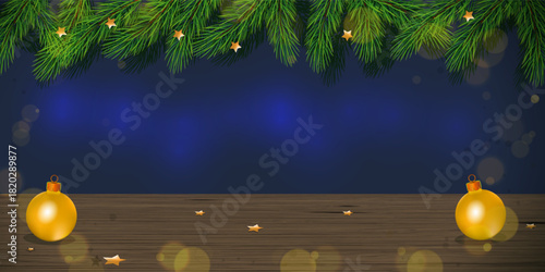 Christmas background with wooden table and fir tree.  For product placement banners.  Mockup for your xmas design.