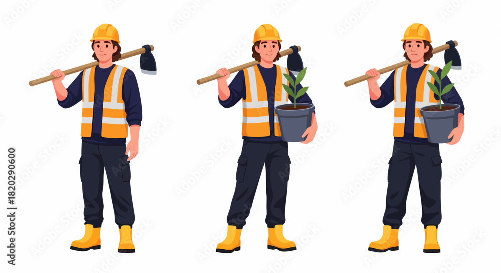 Obraz premium Three illustrations of a person in construction attire holding tools and plants, ready for work.