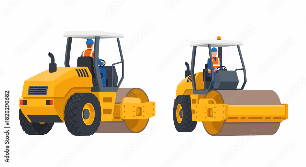 Fototapeta premium Two yellow road rollers with drivers in the cabs.